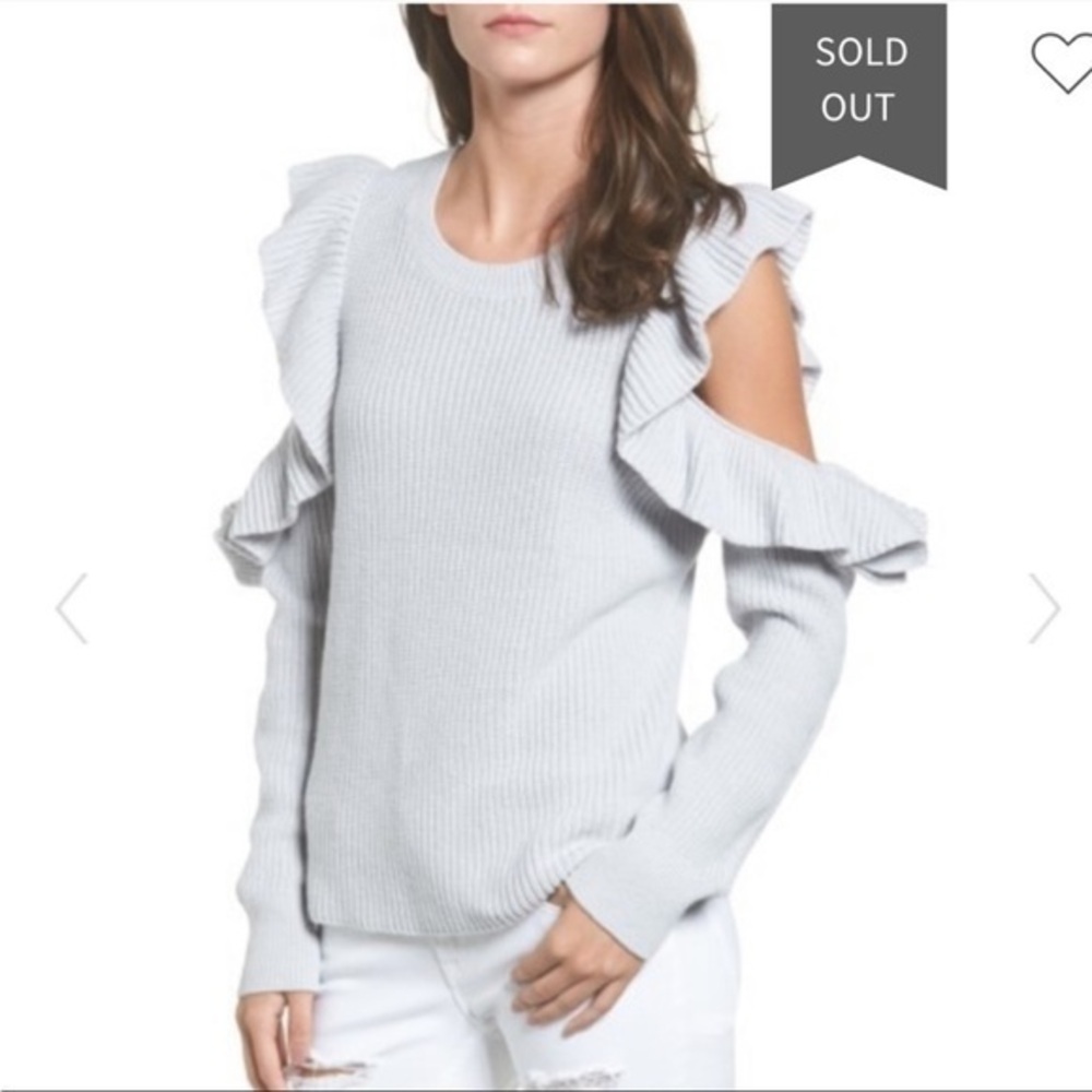 BP Gray Ruffle Cold Shoulder Crew Neck Knit Long Sleeve Sweater